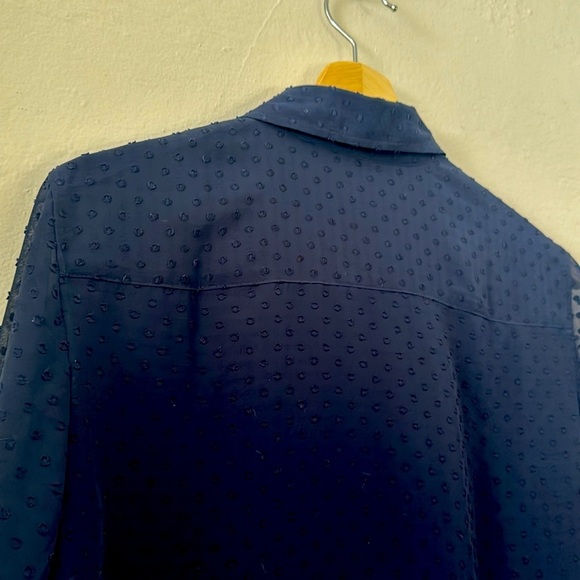 Talbots ClipDot Blue Sheer Sleeve Button Down Blouse Career Evening Petite Large - Picture 9 of 10